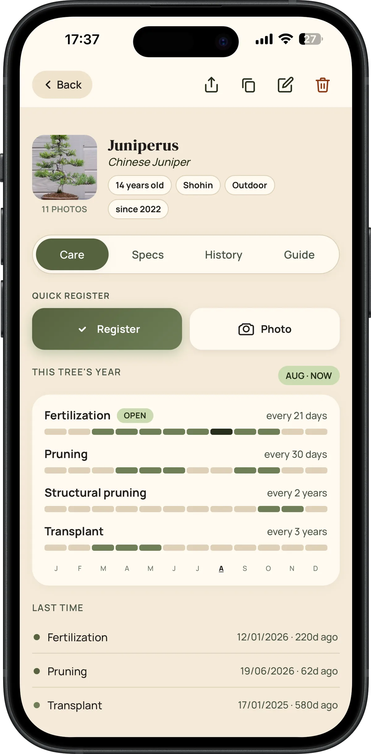 Bonsai Pilot bonsai care screen Bonsai Pilot bonsai care screen